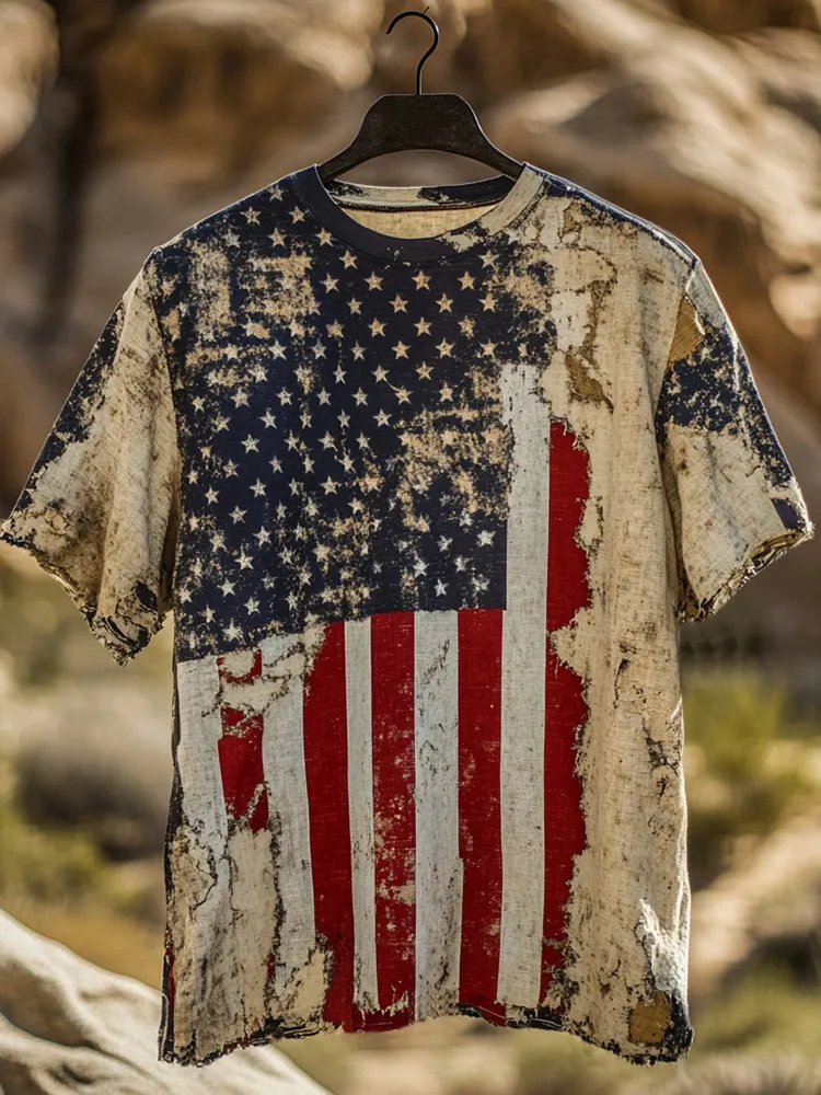 Men's American Independence Day Flag Art Vintage Linen T-shirt