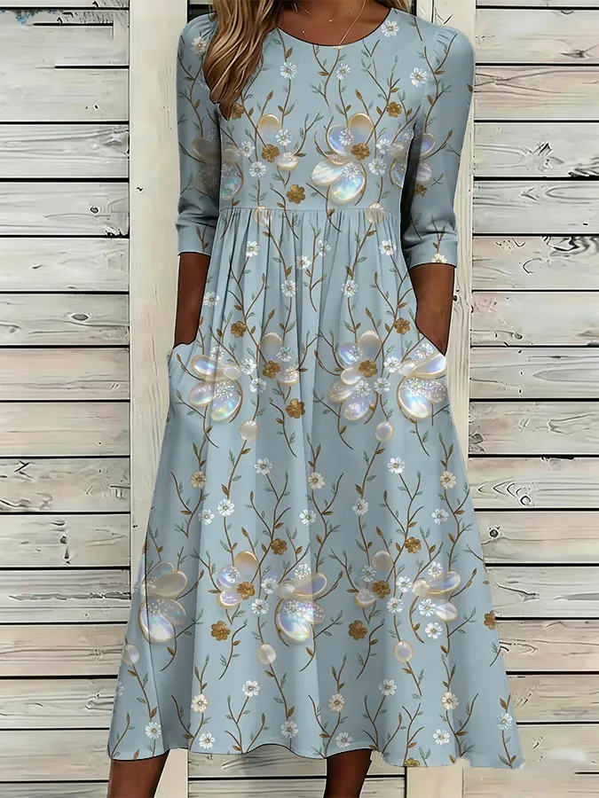 Women's Casual Solid Color Round Neck Mid Sleeve Printed Cotton And Linen Dress