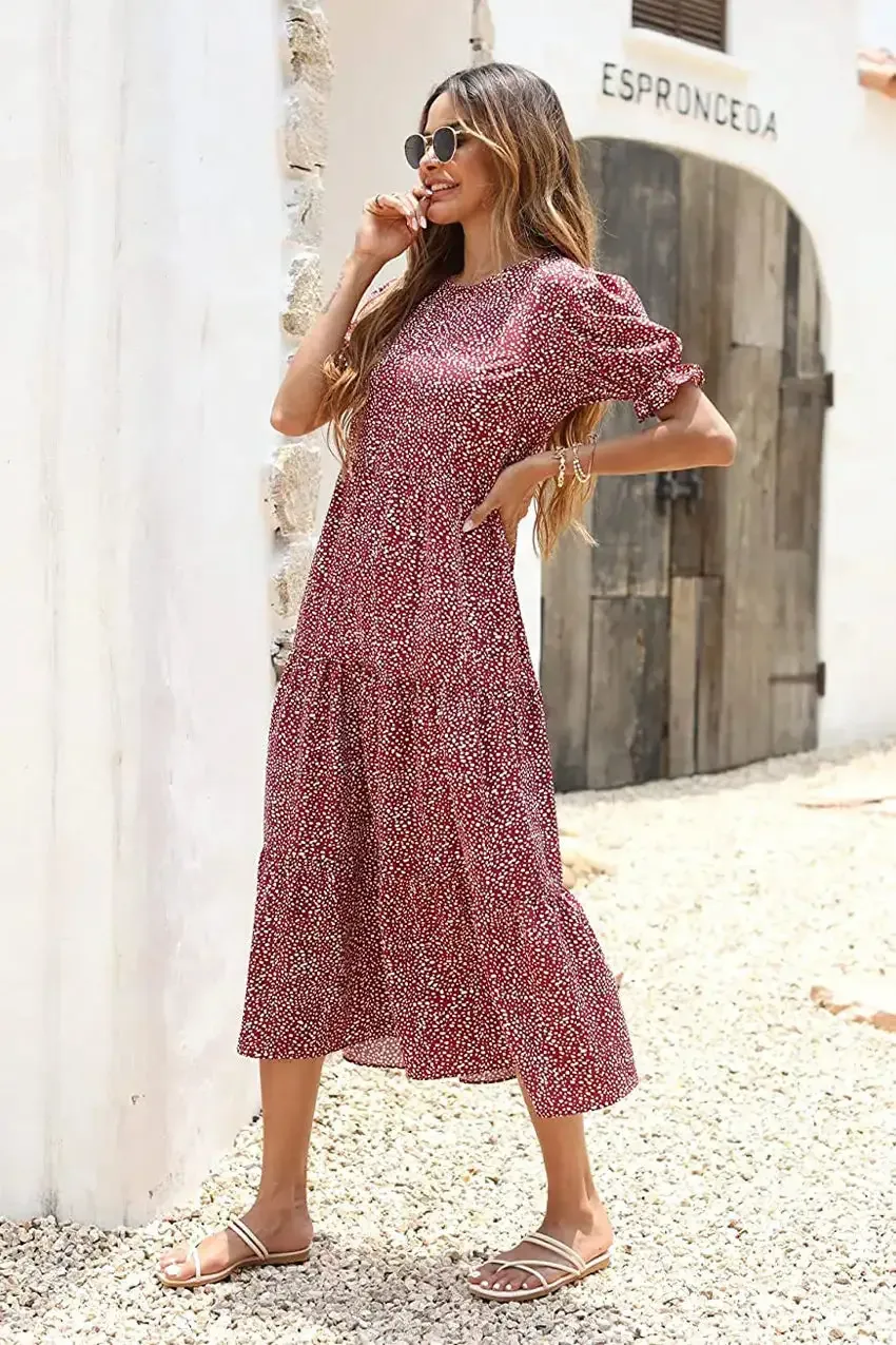 Floral Print Ruffle Puff Sleeve High Waist Midi Dresses