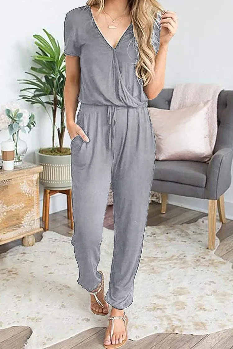 Deep V Neck Wrap Drawstring Waist Jumpsuit