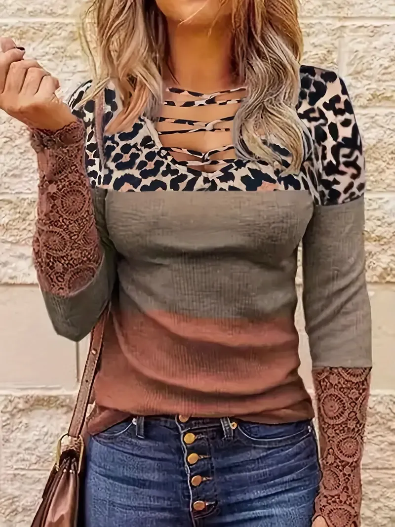 Leopard Print Cross Front T-Shirt, Casual Lace Stitching Long Sleeve Top For Spring & Fall, Women's Clothing