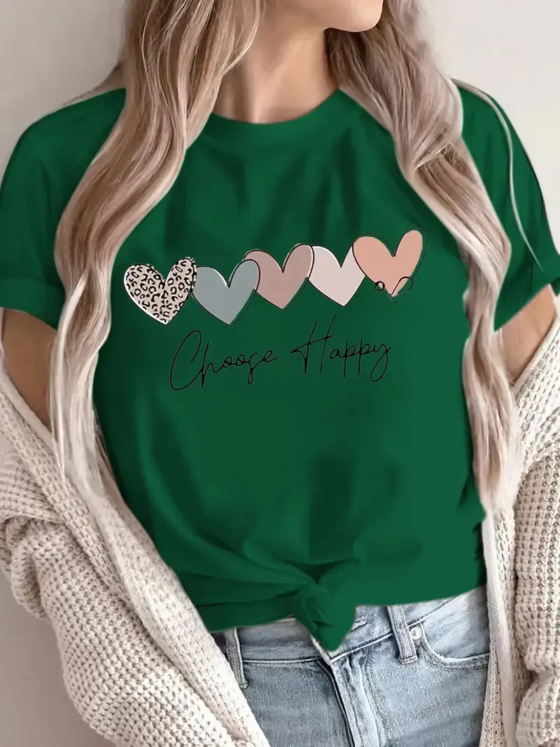 Plus Size Heart & Letter Print T-Shirt, Casual Short Sleeve Top For Spring & Summer, Women's Plus Size Clothing