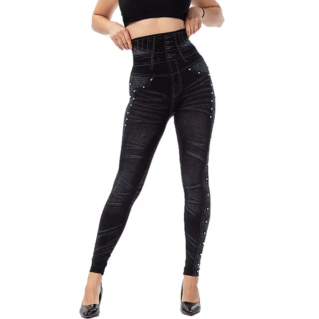 Women's Tights Leggings Jeggings Plain Tummy Control Butt Lift Ankle-Length Casual Weekend Faux Denim Fashion Skinny Black Blue High Waist High Elasticity