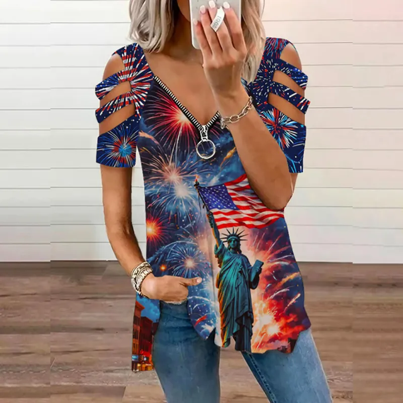 Women's Casual Independence Day Oil Painting Goddess Zipper Hollow Top
