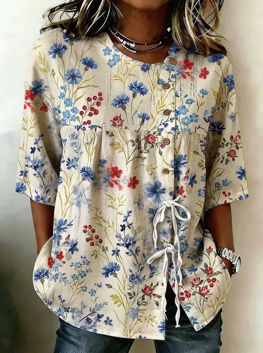 Women's Nashville Floral Botanical Printed Button-Down Top