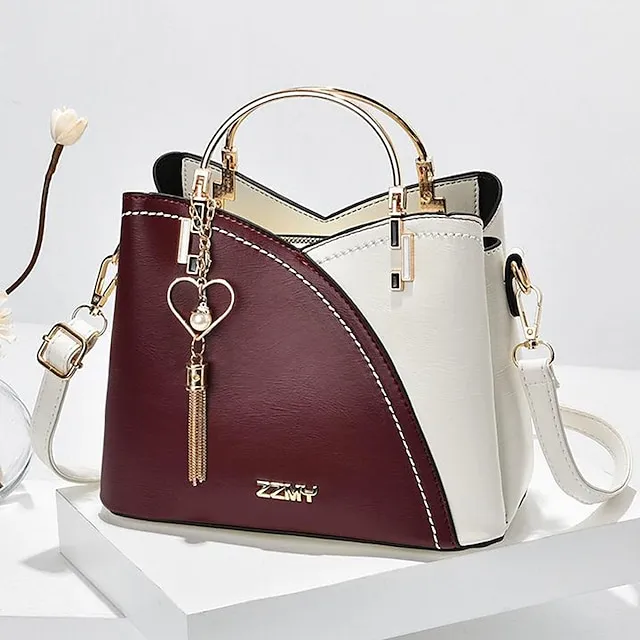 Women's Handbag Crossbody Bag Shoulder Bag PU Leather Office Shopping Daily Pendant Tassel Zipper Adjustable Solid Color Color Block Black / Red White / Green Wine red and white