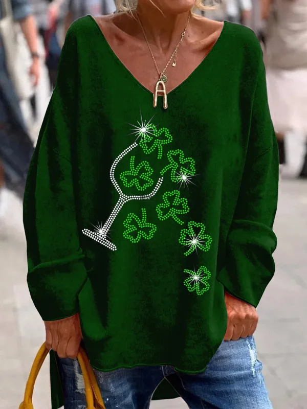 St Patrick's Day Shamrock Printed V-Neck Long Sleeve Top