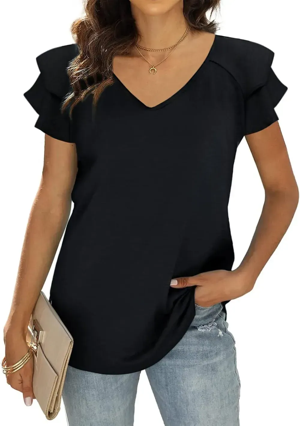 T&Twenties Womens Summer Tops Ruffle Short Sleeve Tunic Tops V Neck Loose Fit Flowy T-Shirts