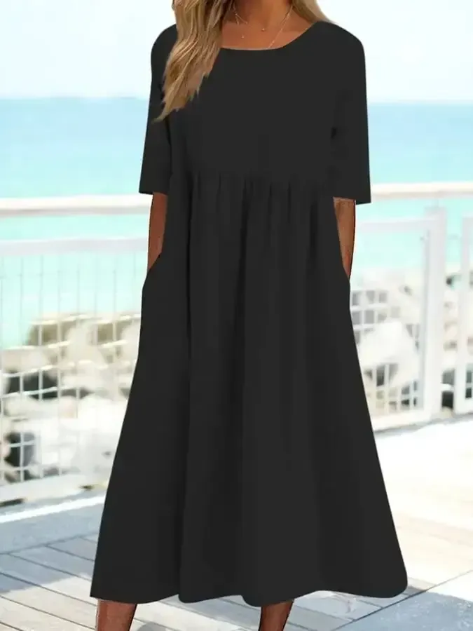Loose Pocket Long Sleeves Midi Dress