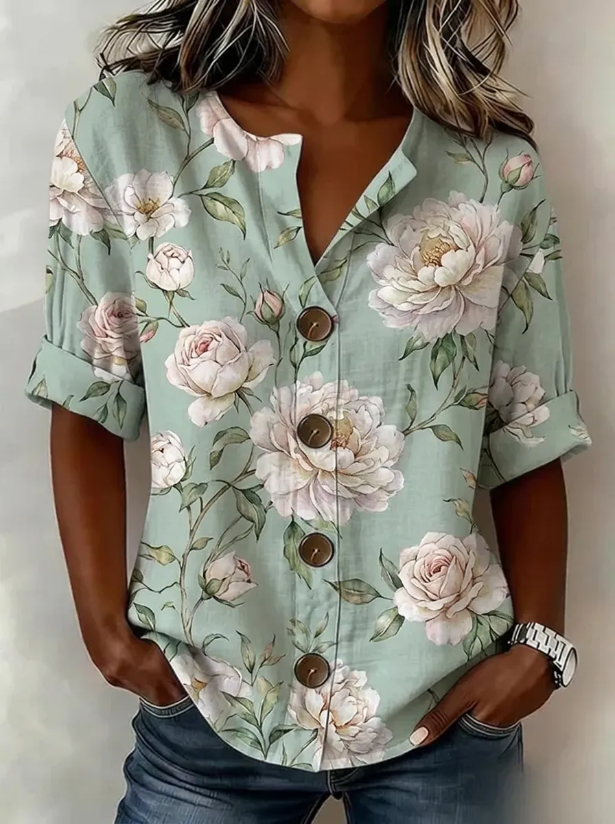 Women's Nashville Floral Peony Printed Button-Down Shirt