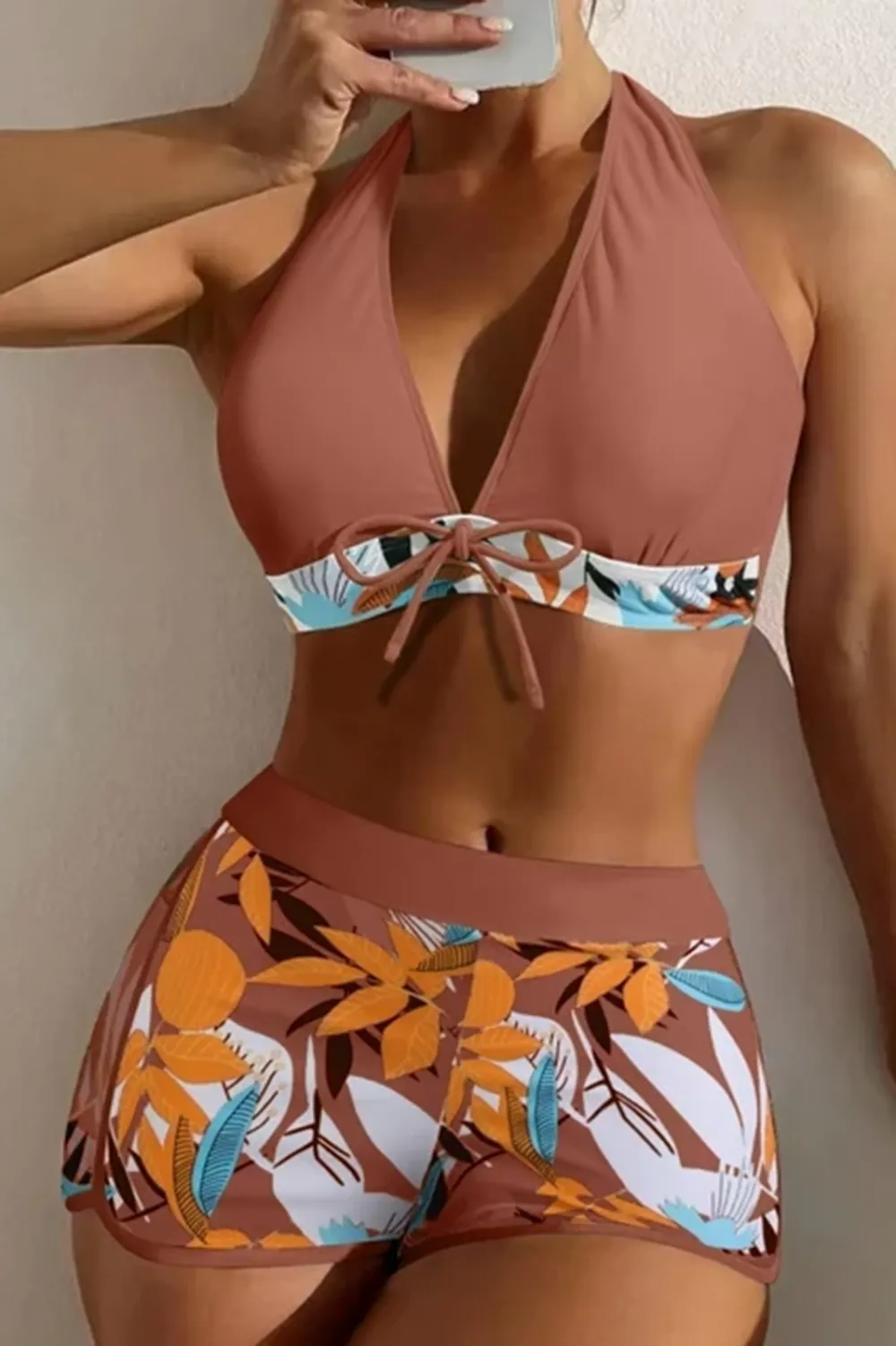 Sexy padded printed high-waisted patchwork swim trunks set