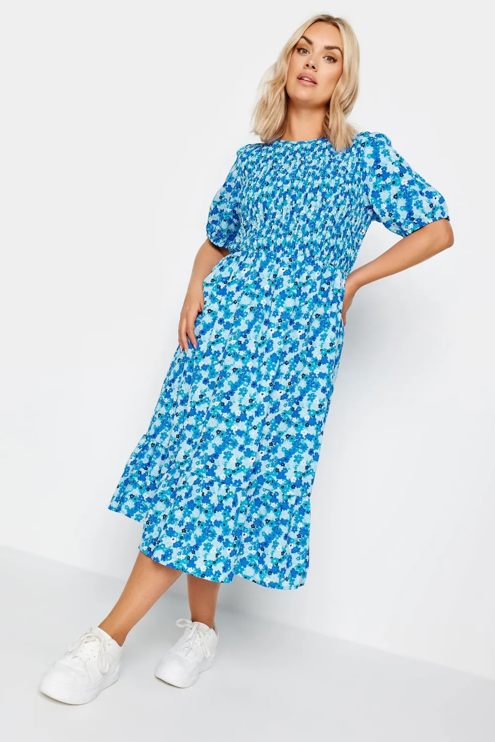 YOURS Curve Pink Floral Print Shirred Midaxi Dress