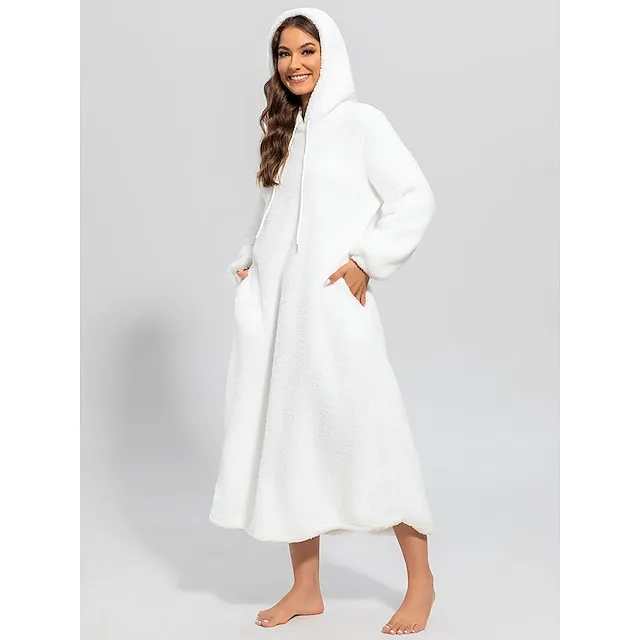 Women's Hoodie Dress Casual Dress Midi Dress Teddy Fleece Warm Home Daily Weekend Hoodie Pocket Drawstring Pure Color 2023 Regular Fit White Lavender Khaki S M L XL 2XL