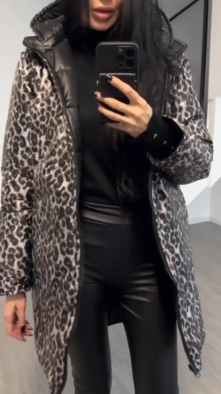 Women's Hooded Leopard  + Solid Color Double-Sided Cotton Coat