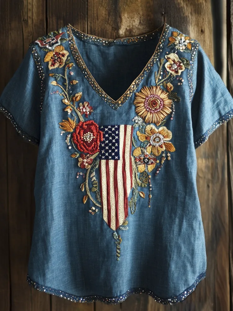 Vintage Sequins Floral Flag Embroidery Women's Linen V-neck Shirt
