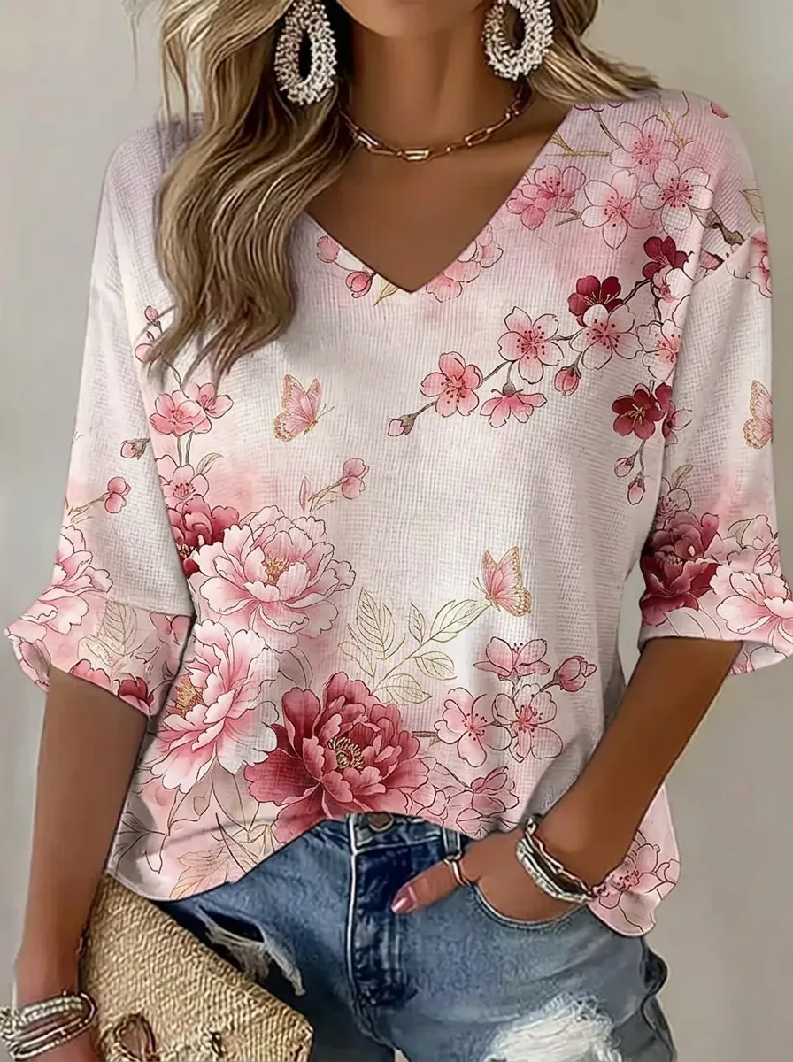 Women's Nashville Floral Butterfly Printed V-neck Top