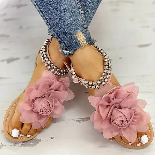 Women's Sandals Boho Bohemia Beach Flat Sandals Daily Summer Flower Flat Heel Open Toe Sweet PU Leather Buckle Solid Colored Pink Blue Beige