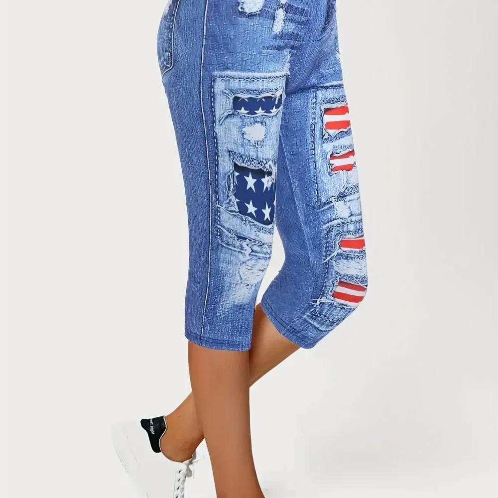 Plus Size Casual Leggings, Women's Plus Flag & Denim Print High Rise Stretchy Capri Leggings
