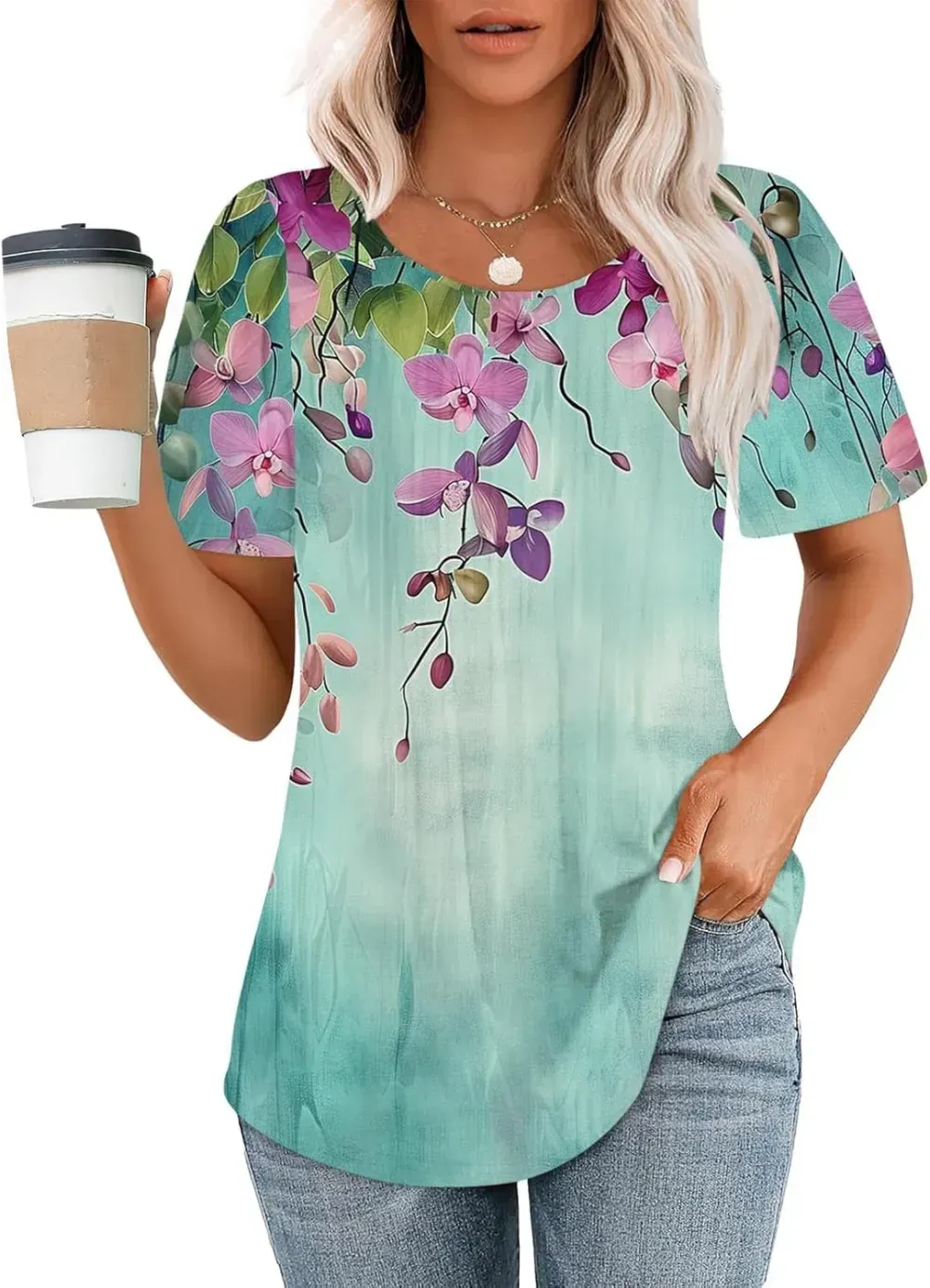 Womens Summer Pleated Front Shirts Tunics Casual Short Sleeved Loose Round Neck Boho Printed Tops Vacation Blouse