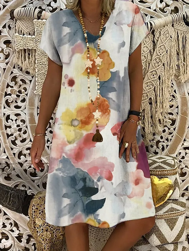 Women's Casual Dress Shift Dress Midi Dress White Blue Green Short Sleeve Flower Print Summer Spring V Neck Basic Vacation Summer Dress 2023 S M L XL XXL 3XL