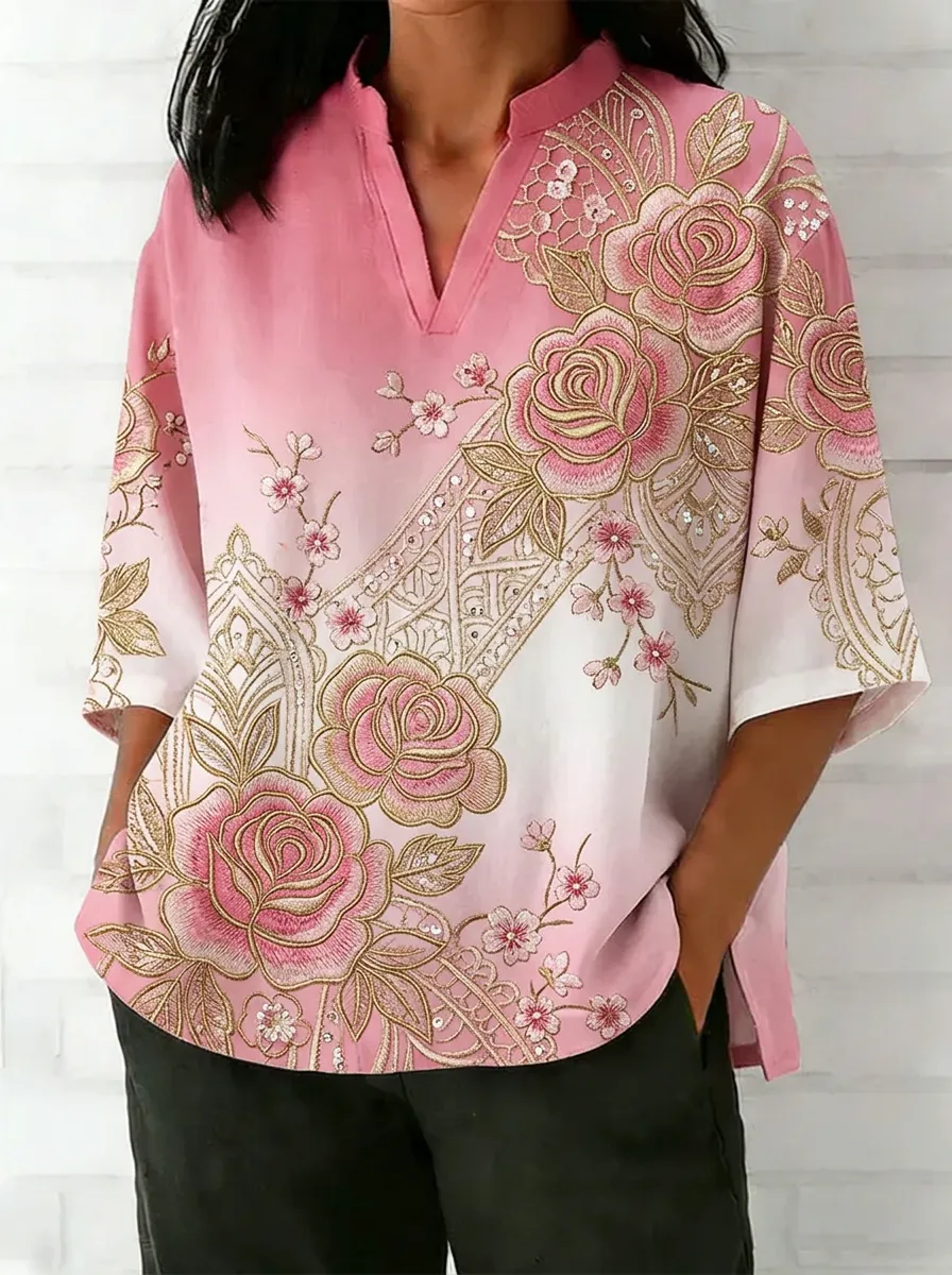 Women's Nashville Floral Rose Ombre Printed V-Neck Top