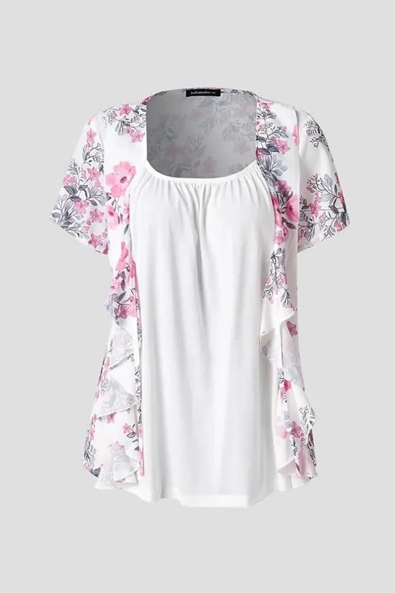 Floral Pattern Ruched Ruffle Trim 2-In-1 Blouse