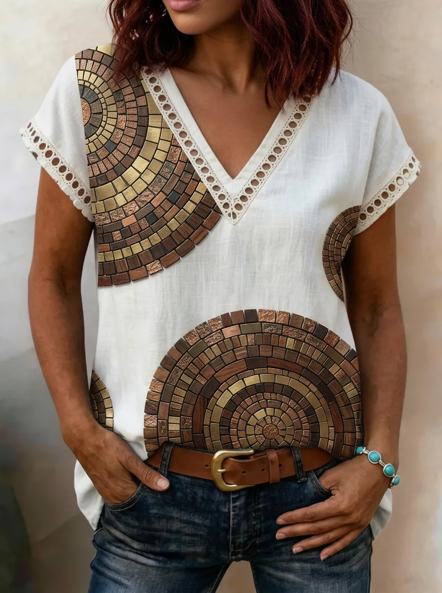 Women's Nashville Mosaic Pattern Printed V-Neck Top