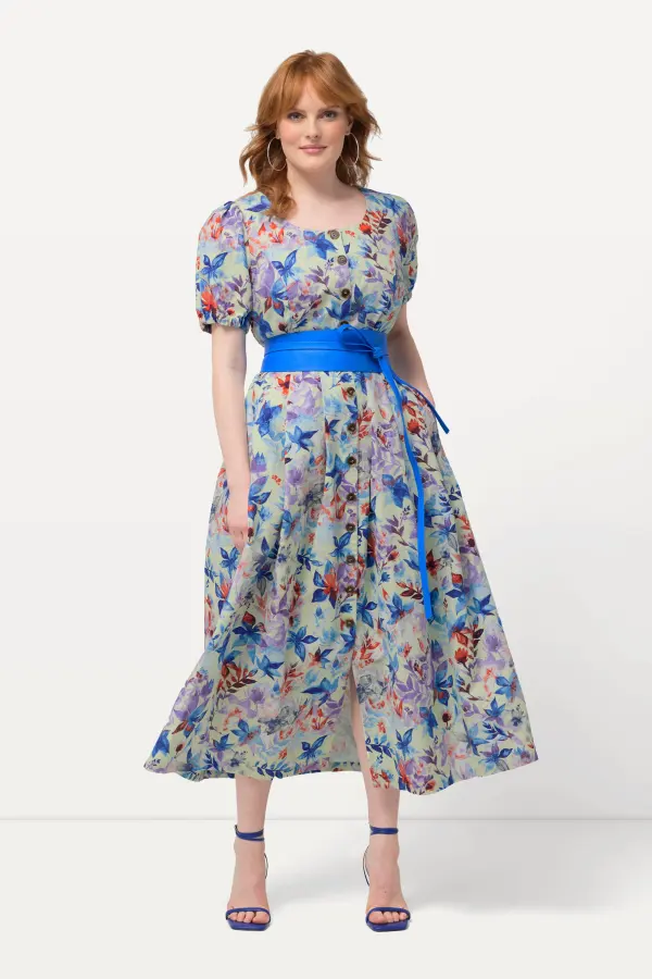 Midikleid Blätter Rundhals Puff-Halbarm Leinenmix