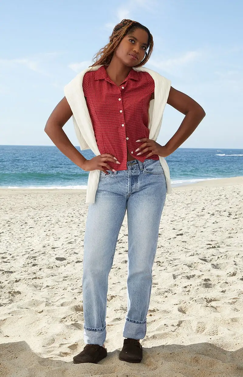 John Galt Red Rue Plaid Collared Top