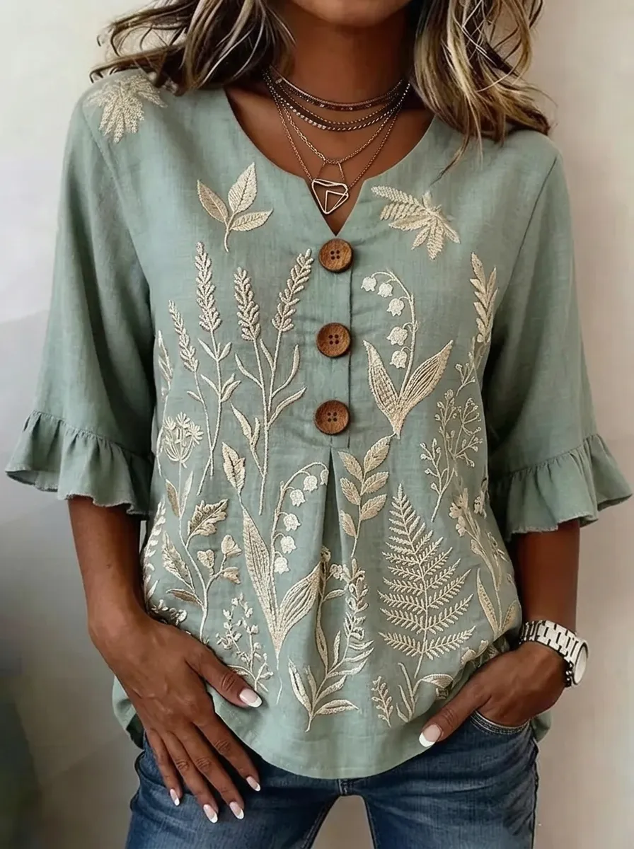 Women's Nashville Botanical Lily Embroidered Printed Top
