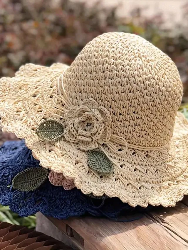 1pcs Trendy Flower Crochet Straw Hat Elegant Solid Color Ruffle Sun Hats Classic Foldable Summer Travel Beach Hats For Women Girls