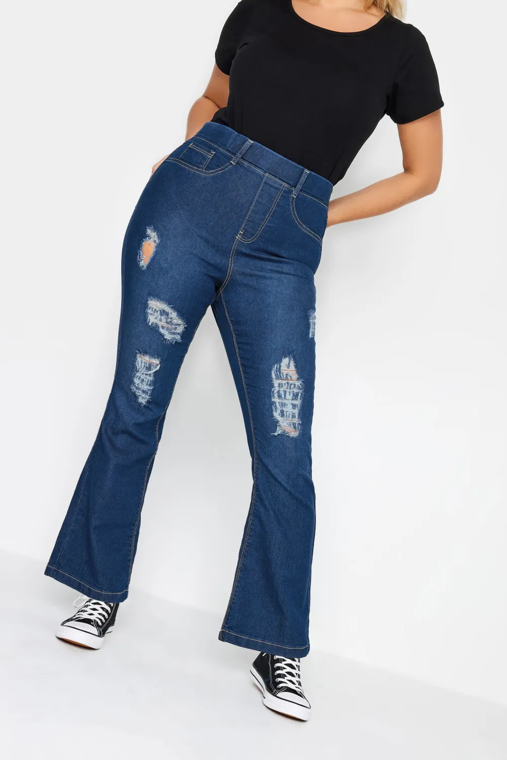 YOURS Curve Dark Blue Stretch Ripped HANNAH Bootcut Jeggings