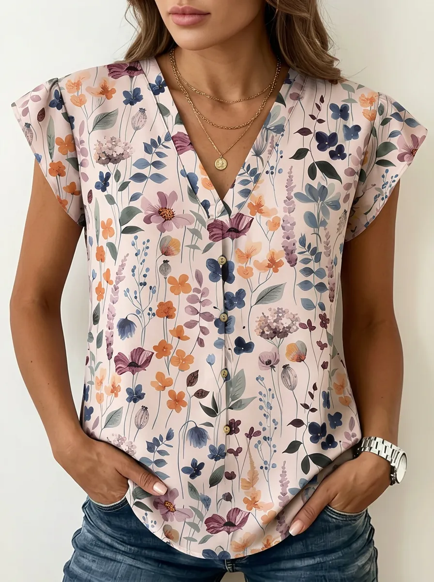 Women's Nashville Botanical Wildflower Printed V-neck Top
