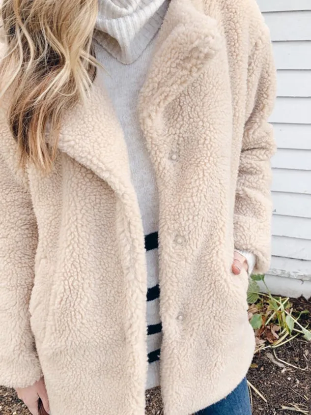 Casual Plain Pockets Teddy Jacket