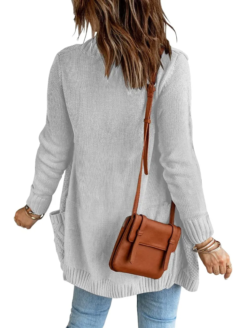 Womens Long Sleeve Open Front Buttons Cable Knit Pocket Sweater Cardigan