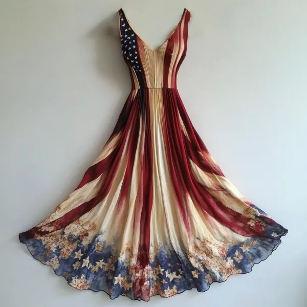 Women's Vintage Independence Day Floral Pattern V Neck Dress