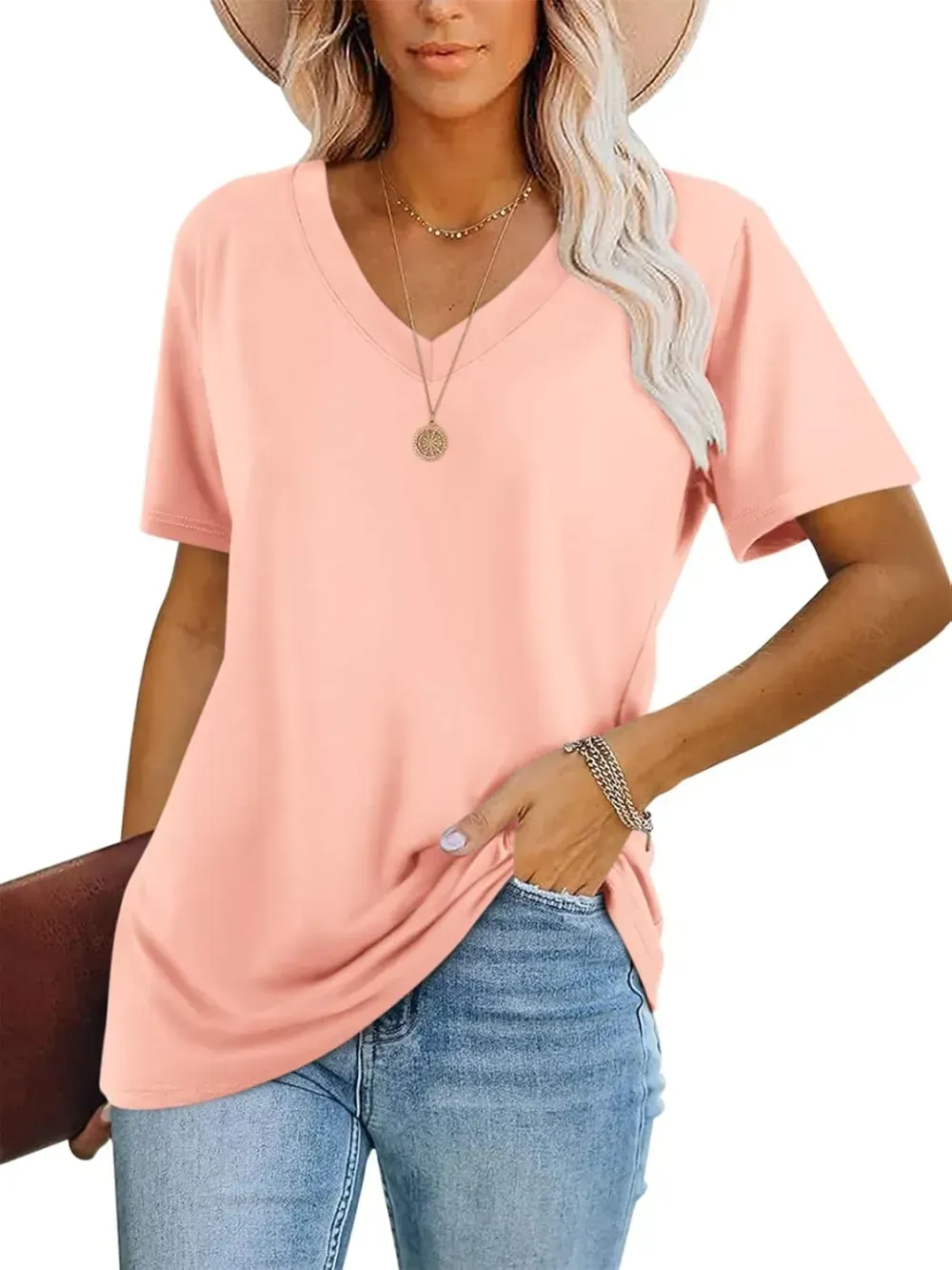 ORANDESIGNE Women's Color Block Short Sleeve T Shirts Casual V Neck Summer Tops Tees Loose Fit Blouses
