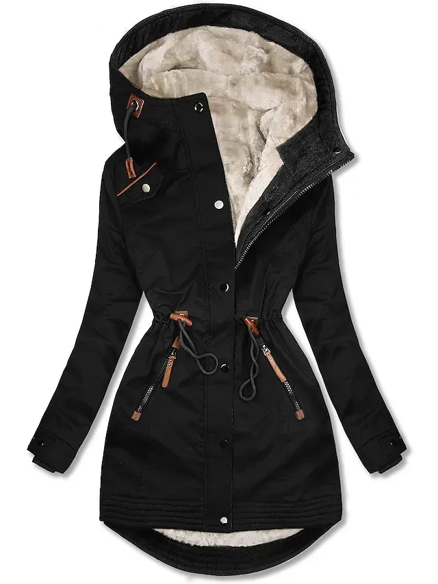 Women's Winter Jacket Parka Warm Street Casual Daily Casual Daily Zipper Button Fleece Lined Zipper Hoodie Casual Street Style Plain Regular Fit Outerwear Long Sleeve Fall Winter Black Green Dark Blue