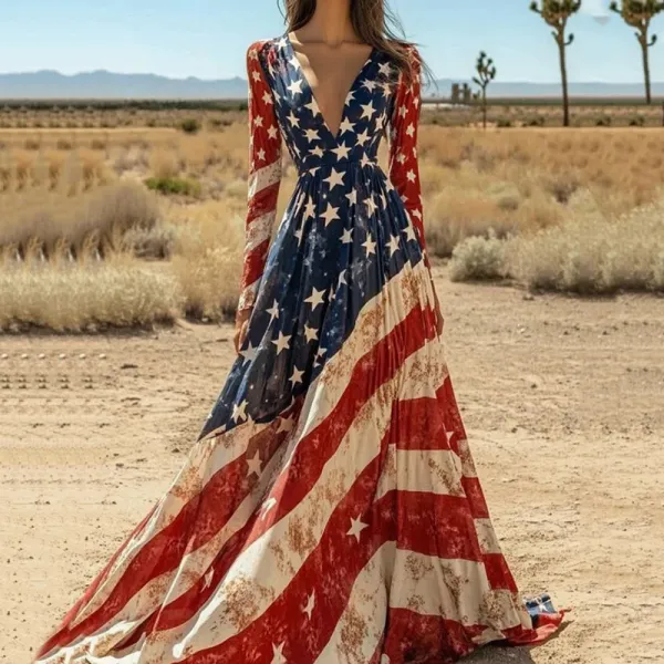 Women's Vintage Independence Day Flag V Neck Maxi Dress