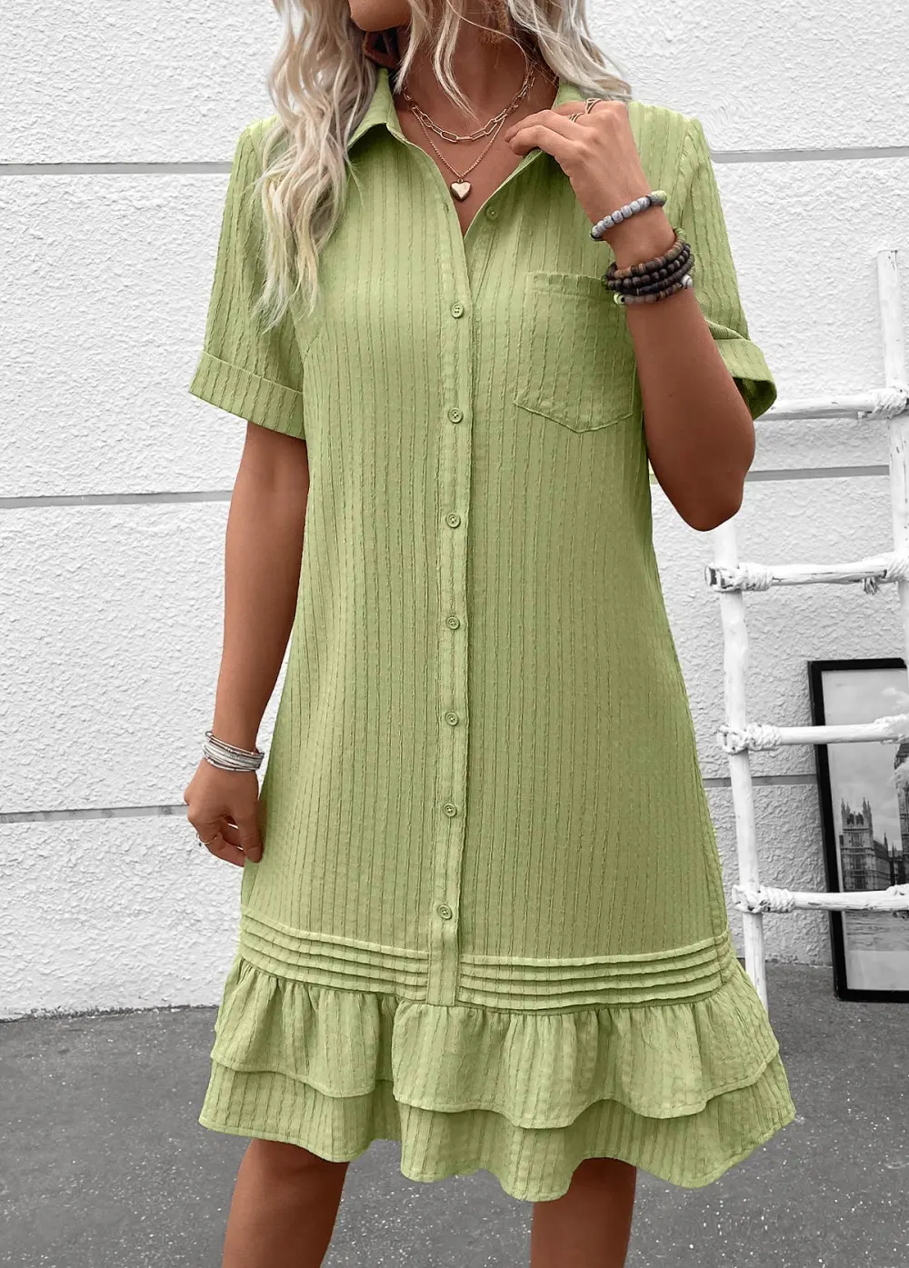 Sage Green Button A Line Short Sleeve Dress