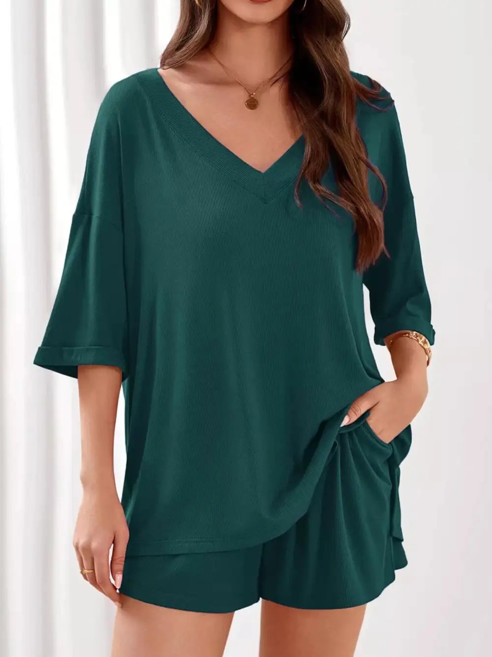 Casual V Neck Top Shorts Set