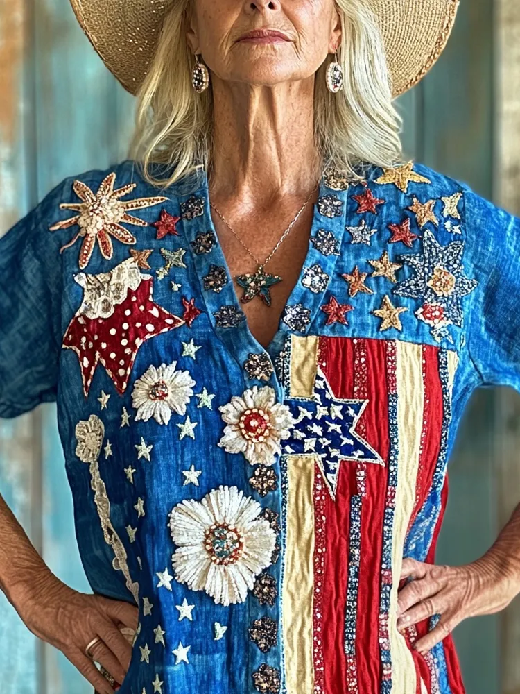American Flag Flowers Embroidered Patchwork Linen Shirt