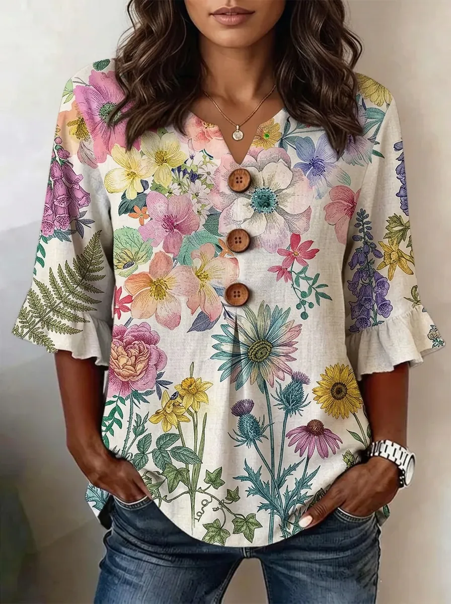 Women's Nashville Botanical Floral Printed V-neck Button Top