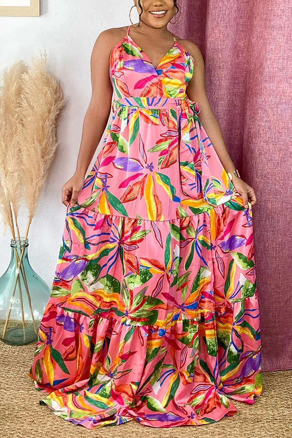 Printed Cross Strap Maxi Dress