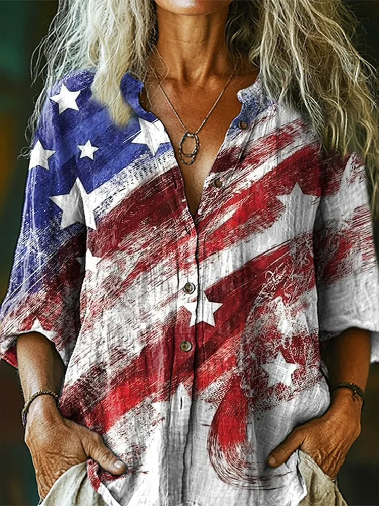 Women's Vintage Independence Day Flag Button-down Shirt