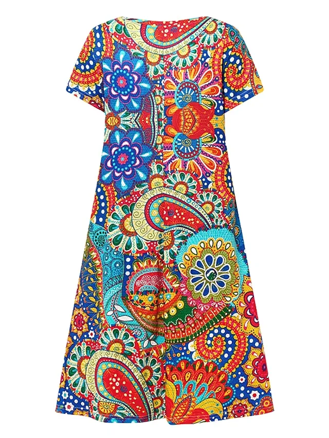 Women's Casual Dress T Shirt Dress Tee Dress Ethnic Dress Mini Dress Red Dusty Blue Rainbow Short Sleeve Floral Print Summer Spring Deep V Vacation 2023 S M L XL 2XL 3XL