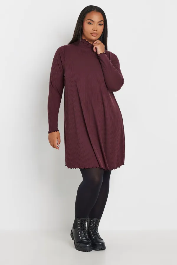 YOURS Curve Burgundy Red Lettuce Edge Tunic Dress