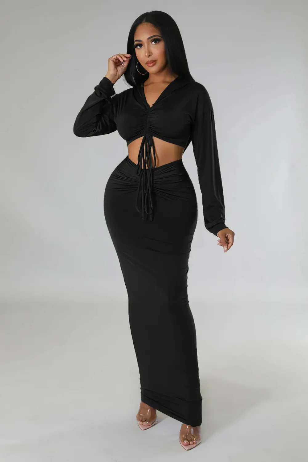 Spring/Summer Ethnic Clothing Long African Skirts Sets Women 2 Piece Set Drawstring Traditional Africa Outfits Fashion Solid Sexy Skirt Suits 2023
