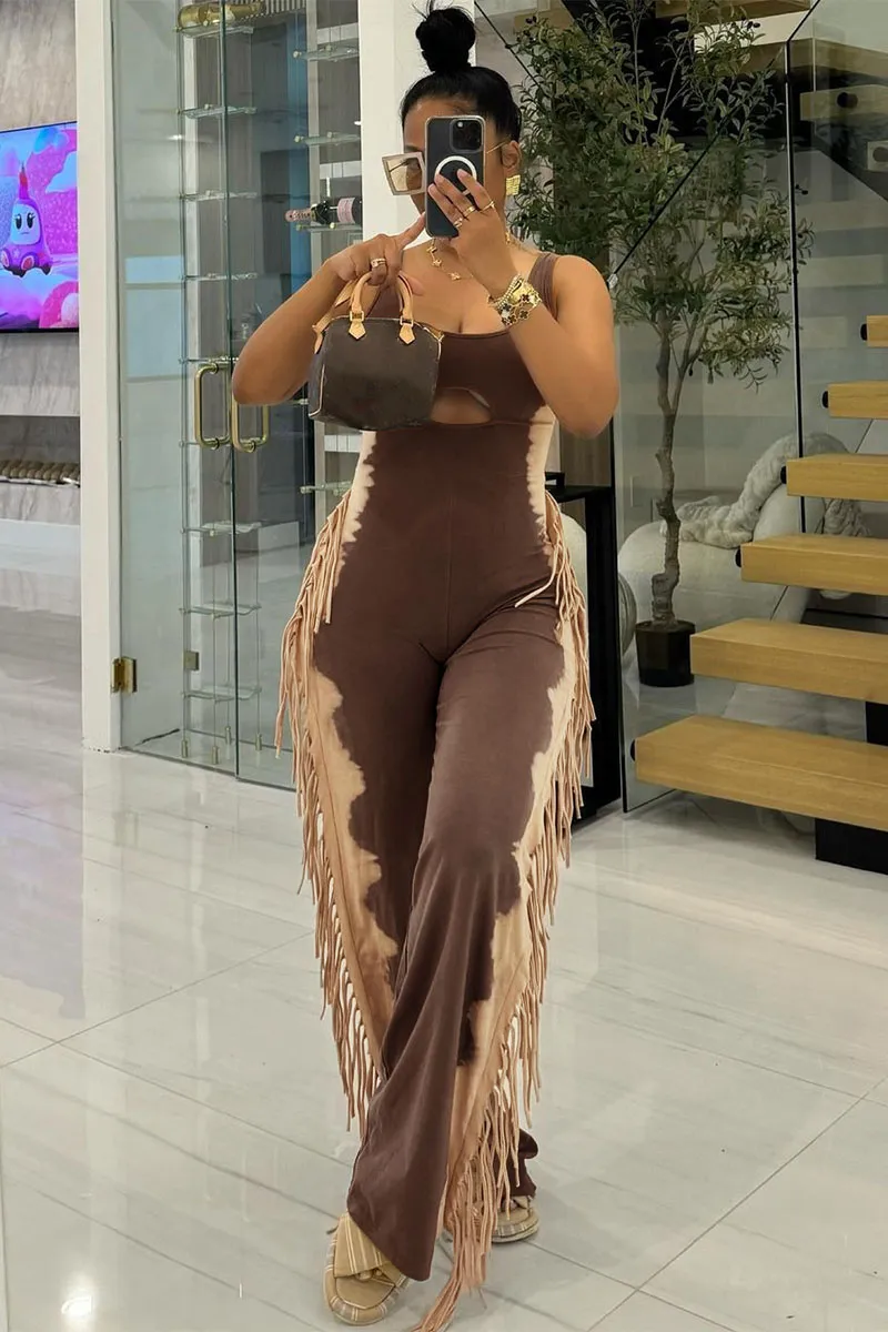 U Neck Cutout Wide Leg Side Fringed Sleeveless Jumpsuit-Grey