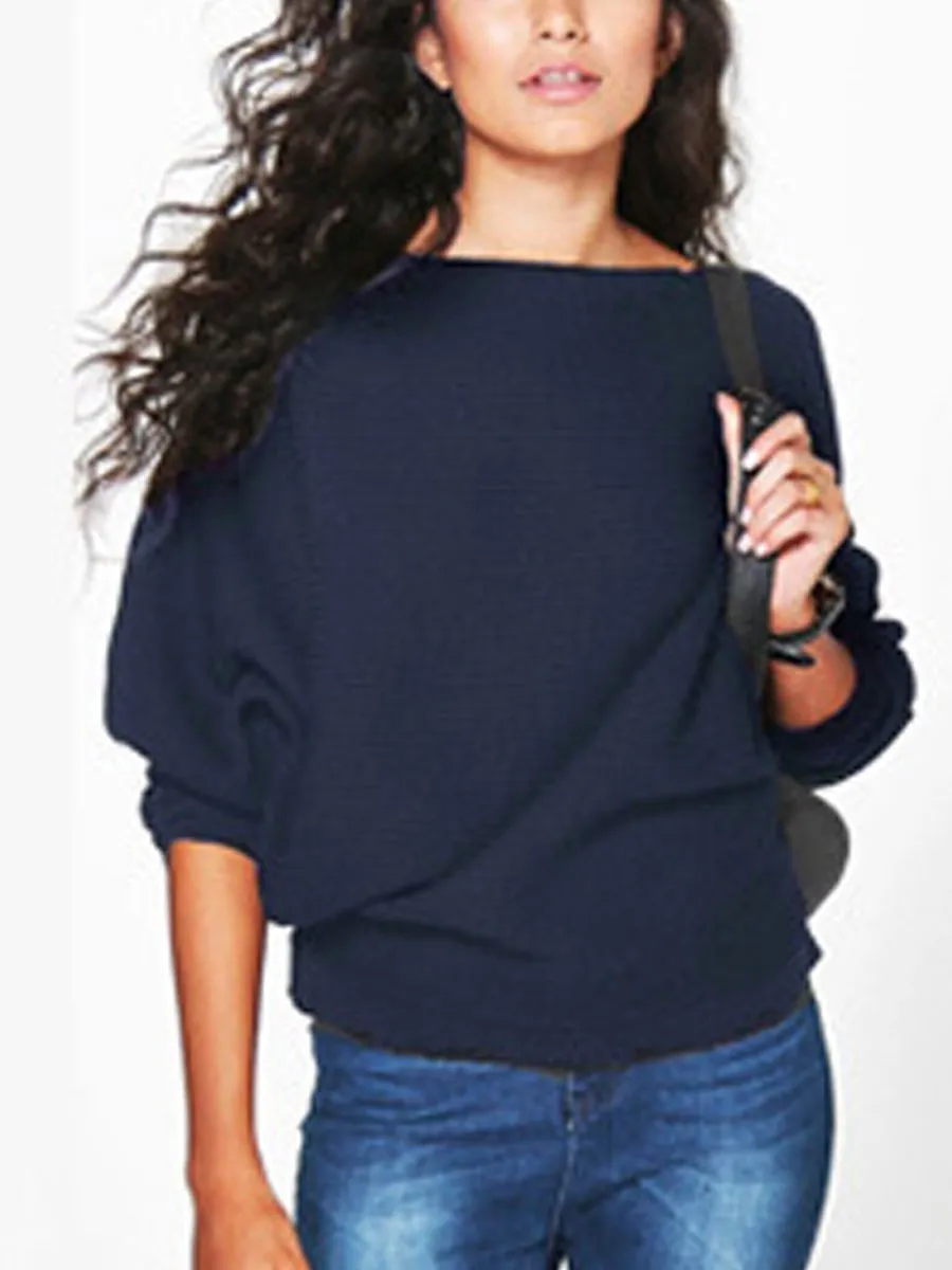 Women Loose Knitted Bat-Wing Sleeve Casual Jumper Type Sweater T-Shirts